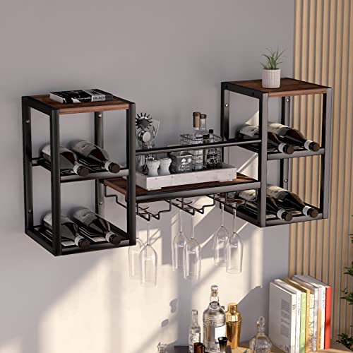 OUDUCK Wall Mounted Wine Rack with 3 Stemware Rack, Industrial Hanging Wine Rack Storage Display Shelf for Small Bar, Dining Room and Kitchen