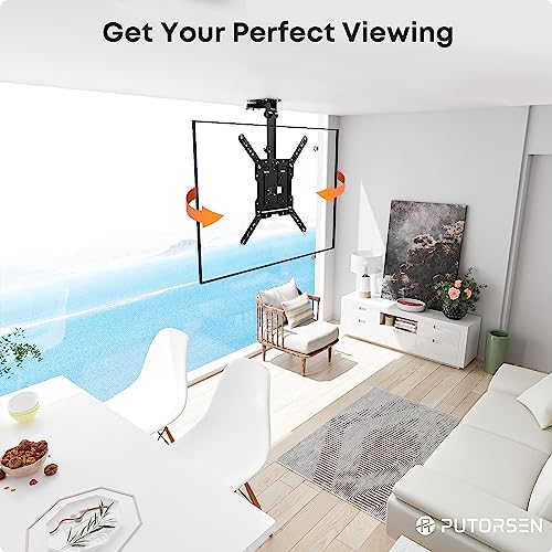 PUTORSEN 23-55 inch Ceiling TV Bracket Flip Down, Manual Folding Ceiling TV Mount, Height Adjustable Swivel Flip Down TV Bracket for Flat & Slopi