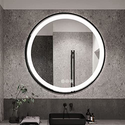 LUVODI LED Bathroom Mirror with Black Frame, 600x600mm Round Illuminated Lighted Wall Hanging Vanity Mirror with Anti-fog 3 Dimmable Lighting Col