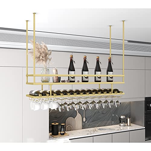 EYLINK 2 Layer Hanging Wine Glass Rack, Vintage Wine Bottle Holder, Ceiling Decoration Wine Glass Rack, Adjustable Height, for Kitchen and Bars,