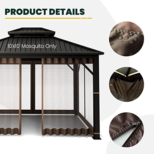 Gazebo Universal Replacement Mosquito Netting, OLILAWN 10' x 10' Outdoor Canopy Net Screen 4-Panel Sidewall Curtain, with Zippers, Easy to Instal