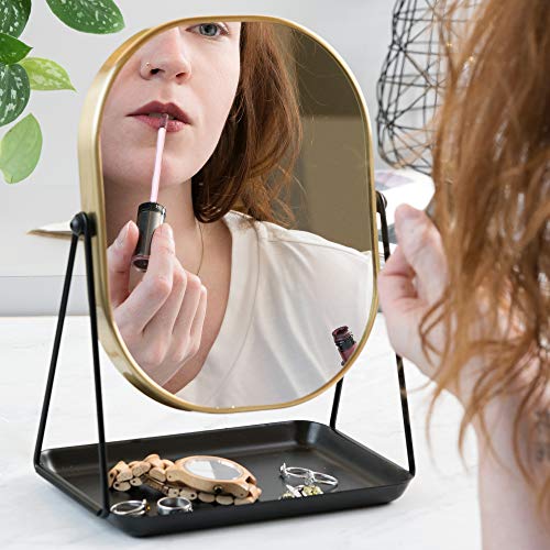 Navaris Magnifying Dressing Table Mirror - Double-Sided 1x/3x Magnification Makeup Mirror with Tray for Tabletop, Bathroom, Bedroom - Black and G