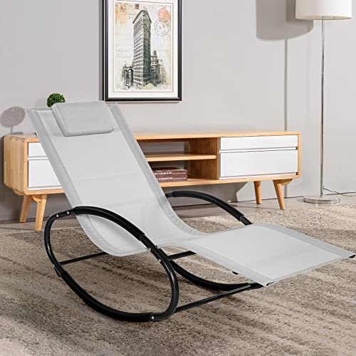 Stream Garden Rocking Chair, Outdoor Zero Gravity Rocker Sun Lounger Chair with Removable Pillow, Heavy Duty Textilene Patio Chaise Lounge Chair