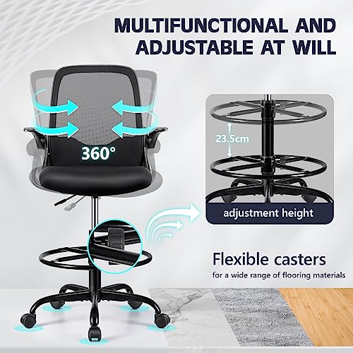 KERDOM Ergonomic Office Chair, Desk chair with Flip-up Armrests and Lumbar Support, Height Adjustable Computer Swivel Chair with Footrest Ring Su
