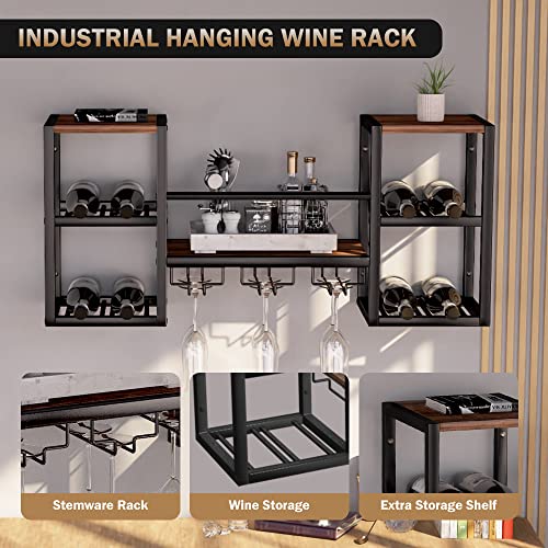 OUDUCK Wall Mounted Wine Rack with 3 Stemware Rack, Industrial Hanging Wine Rack Storage Display Shelf for Small Bar, Dining Room and Kitchen