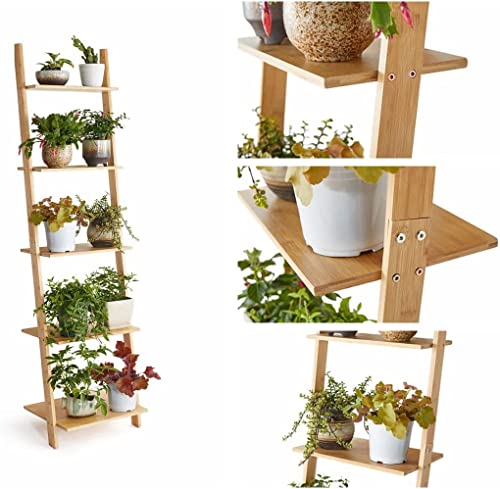 Venloup Ladder Shelf 5-Tier Bookshelf –Bamboo Storage Rack Shelves Wall Leaning Shelf Unit,FreeStanding Plant Flower Stand, Corner Display Bookca