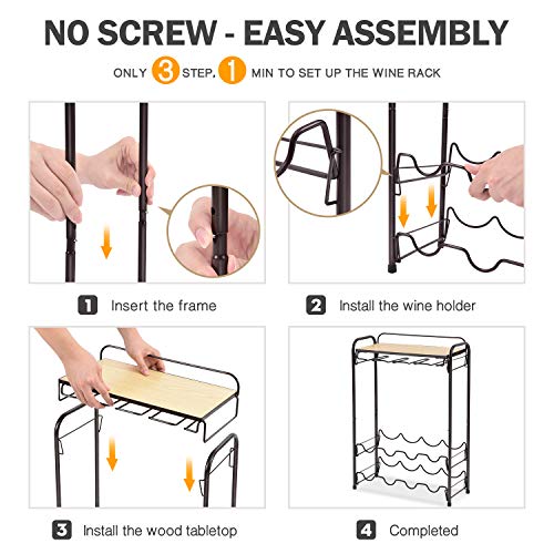 KINGRACK 8 Bottle Wine Rack with Glasses Holder and Table Top - 4 Tier Free Standing Metal Wine Shelf for Kitchen, Wine Cellar, Bar, and Countert