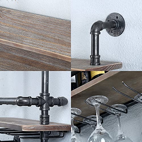 Industrial Pipe Shelf Wine Rack Wall Mounted with 5 Stem Glass Holder,24in Real Wood Shelves Kitchen Wall Shelf Unit,3-Tiers Rustic Floating Bar