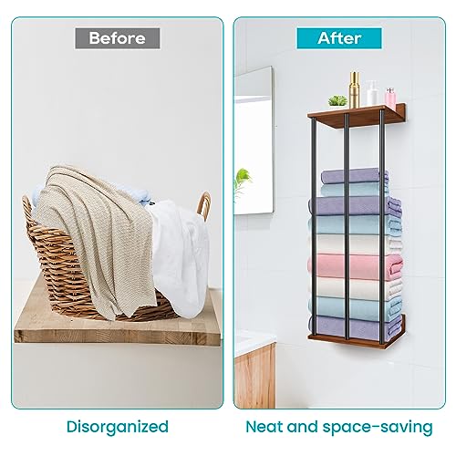 WeGXY Towel Racks for Bathroom Wall Mounted, Wall Towel Rack for Rolled Towels,Metal Towel Holder with Wooden Shelf,Towel Storage Organizer for S