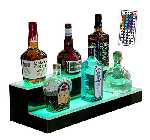 LED Lighted Liquor Bottle Display Illuminated Bottle Shelf 2 Tier, Home Bar Bottle Shelf 2 Step Drinks Lighting Shelves with RF Remote Control Mu