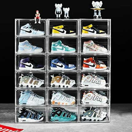 12 Pack Shoe Boxes, Clear Acrylic Stackable Plastic Sneaker Box Container, Magnetic Side Open Shoe Organizer Case For Man and Women (Transparency