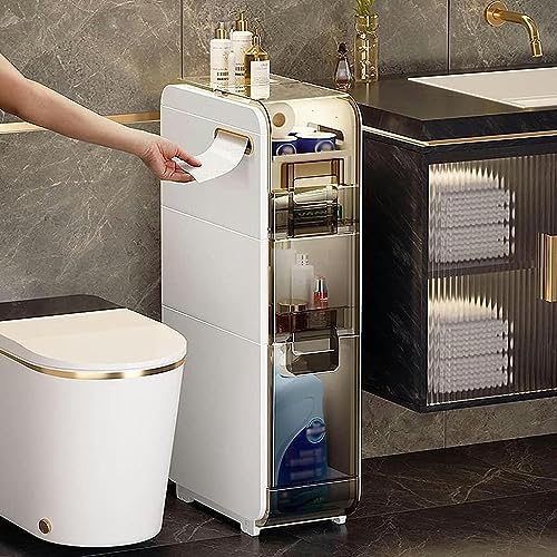OPSREY Bathroom Floor Cabinet - Multifunctional White Narrow Toilet Organizer Floor Side Cabinet - Small Bathroom Storage, Thin Toilet Vanity Cab