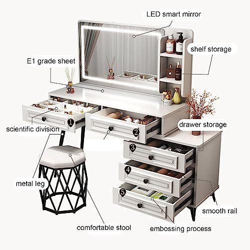 HAWEWE Vanity Desk With Mirror And Lights Makeup Vanity With 3 Lighting Colors Dressing Table With Open Shelves & Storage Drawers For Bedroom (Si