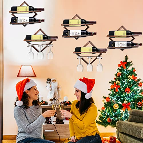 MERYSAN 2Pcs Metal Wall Mounted Wine Holder, Vintage Copper Hanging Wall Wine Rack Storage for 3 Liquor Bottles 3 Glass, Red Wine Bottle Display