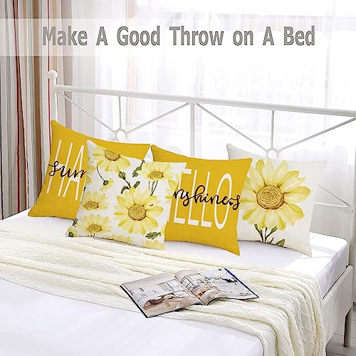 Cushion Covers 45 x 45cm, Yellow Sunflower Cushion Covers Included Sets 4, Outdoor Cushion Covers, Linen Throw Pillow Cover for Garden Sofa Chair