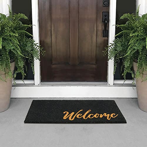 mDesign Decorative Doormat – Natural Coir Doormat with Script Writing – Welcome Mat for Indoor and Outdoor Use – Black/Brown