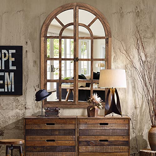 Natsukage 36"x24"Arched Mirror Wall Window Mirror Farmhouse Decorative Mirror for Wall Wood Windowpane Mirror Wall Decor for Living Room, Bathroo