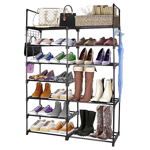 powerking Large Shoe Rack 7 Tier 2 Row, Metal Shoes Storage Shelf Organiser, Holds 24-35 Pairs Tall Shoes and Boots for Hallway Entryway, Space S