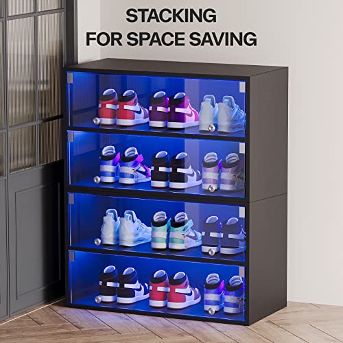 CHF DPT Sneaker Storage with LED Lights for Up To 6 Pairs of Shoes, Shoe Case Display with Glass Door, Clear Shoe Boxes Stackable and Wooden Show