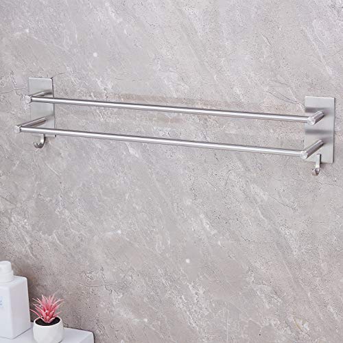 JS Towel Rail Self Adhesive 2-Tier Double Towel Holder rack Multi Towel Bar with 2 Hooks SUS304 Stainless Steel Robe & Bath Towel Rails 60CM/23.6