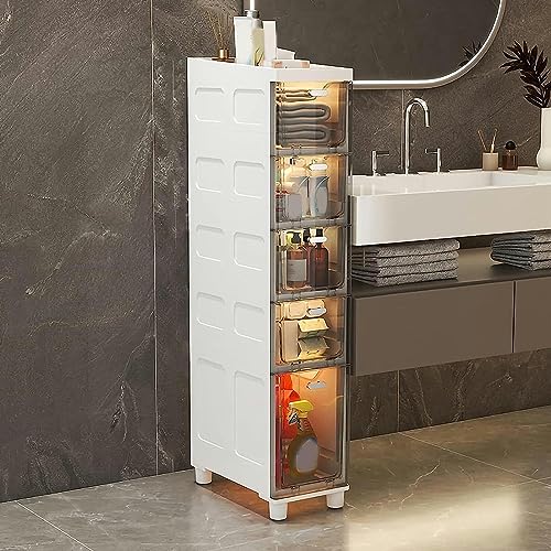 OPSREY Slim Bathroom Cabinet Storage, Large Capacity Slim Toilet Paper Storage Cabinet with Clear Plastic Drawers Casters Narrow Tall Slim Floor