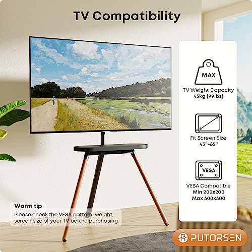 PUTORSEN Easel TV Tripod Stand for 43 to 65 Inch LED LCD Screens, Height Adjustment TV Floor Stand with TV Shelf and Solid Wood Tripod Base, Swiv