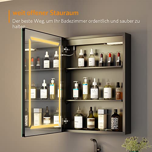 Quavikey® Bathroom Mirror Cabinet with Lights and Shaver Socket Black LED Medicine Cabinet Wall Mounted with Shelf 3 Color Temperature Adjustment