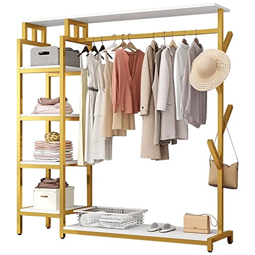Clothes Rack, Heavy Duty 5 Tier Coat Rack with Hanging Rail, Open Wardrobe, 4 Hooks, Industrial Design, Metal Frame, White 140x40x170cm