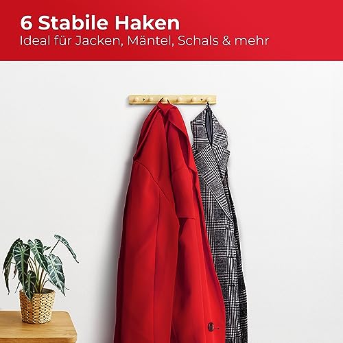 LouMaxx Wooden hook rack made of pine with 6 wooden hooks - wooden wall coat rack - children's coat rack - wooden coat hook for wall mounting mad