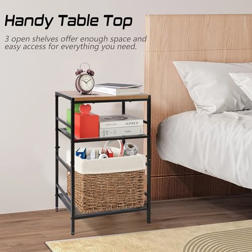 GIOTORENT 3-Tier Small End Table, Tall Nightstand with Adjustable Shelf, Narrow Side Table with Sturdy Diamond Grid, Bedside Table for Living Roo