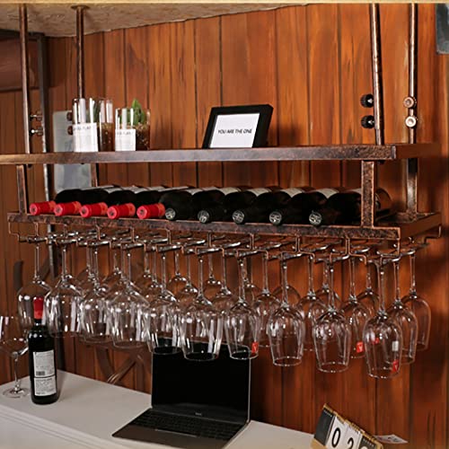 EYLINK Ceiling Wine Racks, Adjustable Height, Hanging Wine Glass Hanger, Vintage Wine Bottle Holder, Rustic Wine Holder Stemware Goblets, Decorat