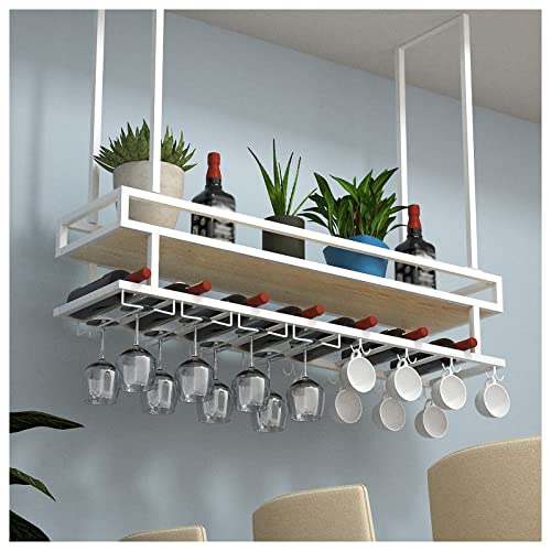 EYLINK Wine Storage Racks, Industrial Hanging Wine Rack with Glass Holder and Guard Rail, Ceiling Mount Floating Shelf 2 Tier, for Kitchen/Restau
