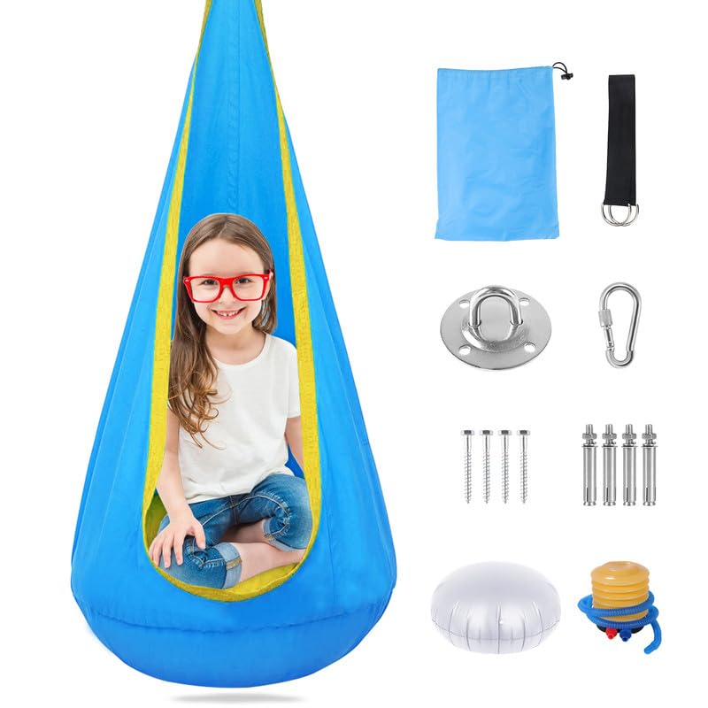Mingfuxin Kids Pod Swing Seat, 100% Cotton Durable Kids Hanging Hammock Chair Swing Pod Chairs Nook Tent with Removable Inflatable Cushion for In