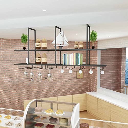 EMISOO Hanging Ceiling Shelf Hanging Wine Rack with Glass Holder and Shelf, Metal Ceiling Bar Wine Glass Rack, 2-Layer Industrial Wall Mounted Wi