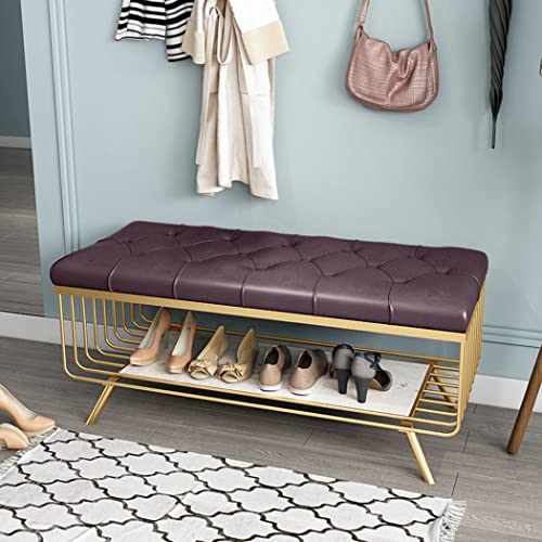 Upholstered Bench, Shoe Bench with Shoe Shelf, Bedroom Stool, Steel Frame, Synthetic PU, Golden Metal Legs, for Living Room Entryway Indoor Vanit