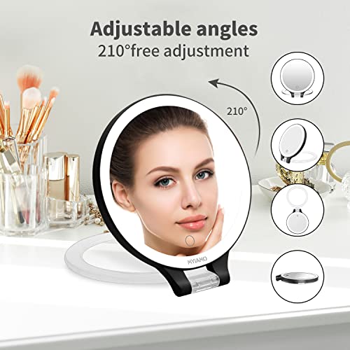 Kostlich MYIAMO Makeup Mirror with Lights, Double Sided Lighted Magnifying Mirror 10X/ 1X with 3 Color Lighting Modes, Tabletop Mirror with Adjus