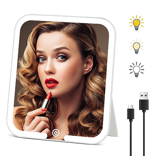 Large Travel Makeup Mirror with Lights, Lighted Makeup Mirror with 360° Angle, Dimmable 3 Color Modes Rechargeable 2000mAh Battery Portable Ultra