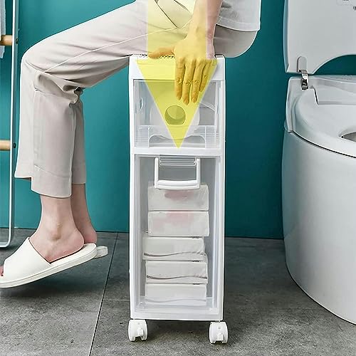 OPSREY Narrow Slim Bathroom Floor Cabinet, Skinny Toilet Paper Storage Cabinet with 4 Plastic Drawers and Casters Large Capacity Vertical Storage