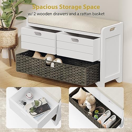 LOVMOR 32" Storage Bench for Entryway, Shoe Bench with Storage Removable Basket and 2 Drawers, Entryway Bench with Shoe Storage, Entryway Storage