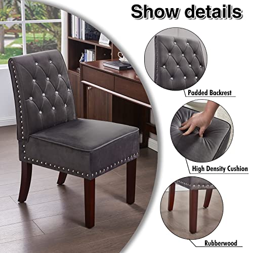 Modern Accent Chair for Living Room, DRM'SCUUM Kitchen Dining Room Chair, Beautiful Bedroom Corner Chair, Grey Velvet with Crystal Buttons and St