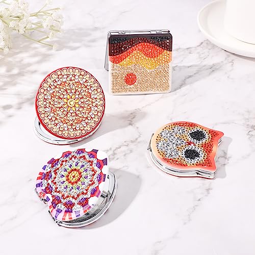 SAVITA 4pcs Diamond Art Painting Mirror Kits, Mandala Style Diamond Art Makeup Mirror Wallet Mirror Pocket Mirror Compact Mirror with Magnificati