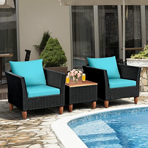 MIAOZI 3PCS Outdoor Patio Rattan Furniture Set Wooden Table Top Cushioned Sofa Black Coffee Table (Color : Argento)