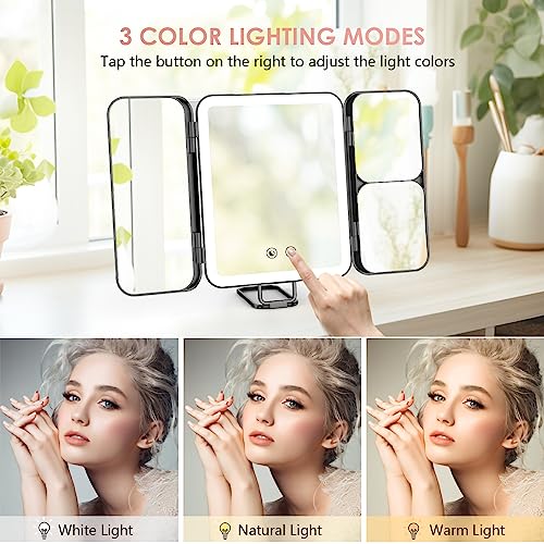 Kostlich Travel Trifold Vanity Mirror with 3 Color Lights, Rechargeable 1X/3X/7X Magnifying Mirror, Portable Light Up Makeup Mirror