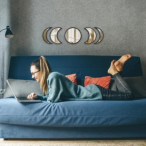 SHMITBERG Moon Phase Mirror Set -100% Real Glass - Engineered Wood (MDF) Black Frame - Moon Phase Mirror Wall Decor (Black) - Scandinavian Boho W