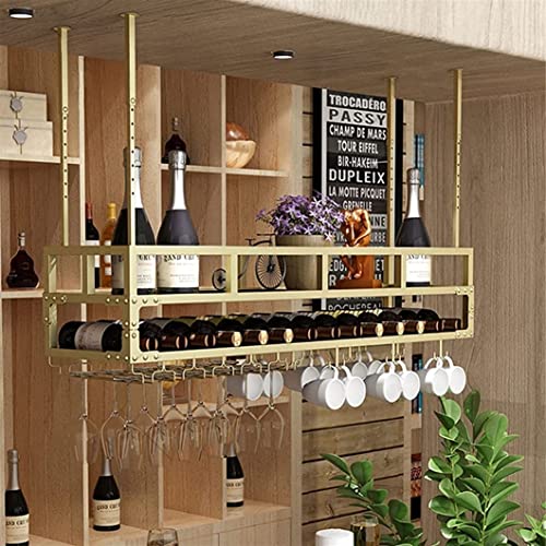 EMISOO Floating Wine Shelf with Glass Holder, Hanging Wine Rack Ceiling Stemware Shelf Wine Storage Display Rack for Under Cabinet Bar,Adjustable