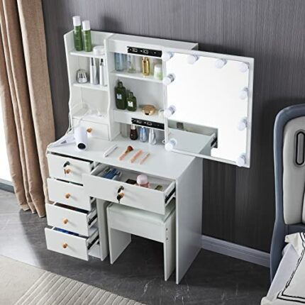 Vanity Desk, Makeup Vanity Set with Sliding Mirror and Lights, 3 Color Lighting Modes, Dressing Table with Charging Station and 6 Drawers for Bed