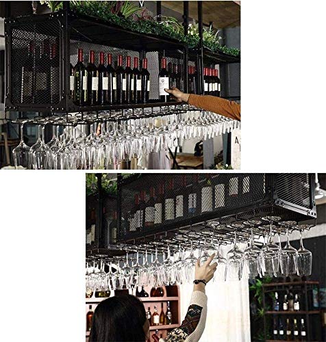 SUCHETA Hanging Wine Rack with Glass Holder and Shelf, Wine Lovers Bar Furniture& Wine Holder Vintage Style Ceiling Wine Racks/Metal Iron Adjusta