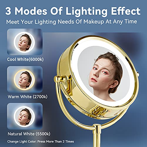 DOWRY Magnifying Mirror with LED Lights 10x Gold Illuminated Shaving Mirror Free Standing Mirror for Dressing Table 360 ° Rotatable Double Sided