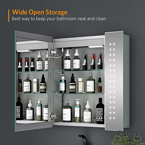 Quavikey® Bathroom Mirror Cabinet with Lights and Shaver Socket LED Illuminated Medicine Cabinet Wall Mounted with Shelf and Demister Dots Lights