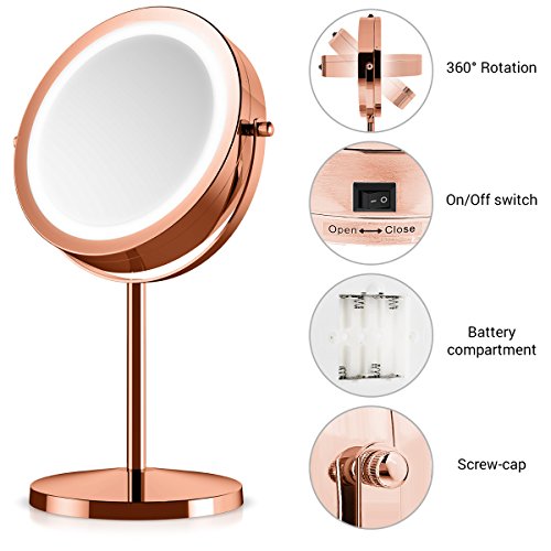 Navaris LED Illuminated Makeup Mirror - Two-Sided Vanity Mirror with Normal and 5x Magnification - 2-in-1 360° Swivel Cosmetics Mirror - Copper